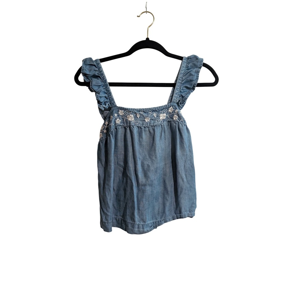 Harper Heritage Tank Top Womens Small Blue Lyocell Embroidered Ruffle Tie Back